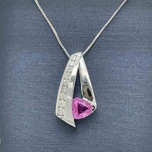 Trillion Set Pink Sapphire & Diamond Geometric Double Ribbon Slide Pendant in 14k White Gold $1,950 Retail VIDEO