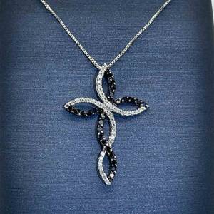 Fancy Black & White Diamond Pave Open Double Ribbon Contemporary Cross Pendant in White Gold $1250 Retail VIDEO