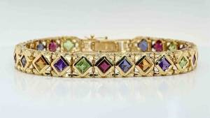 Vibrant Rainbow Gemstone Art Deco Bezel Square Link Estate Bracelet in 14k Yellow Gold - Iolite, Peridot, Citrine, Amethyst, Garnet $4000 Retail VIDEO