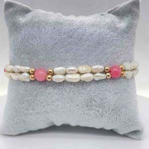 White Freshwater Pearl & Pink Jade Bead Double Strand Layered Bracelet