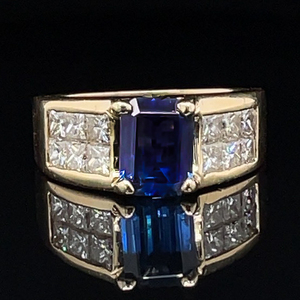 3.15 Carat Emerald Cut Natural Blue Sapphire Solitaire & Diamond Princess Channel Ring in 14k Yellow Gold $4500 Retail