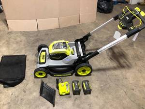 lot 3 image: Ryobi 21 Cordless AWD Lawn Mower Batteries and Charger, Customer returns review all pictures