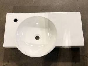lot 16 image: Swiss Madison  Chateau 29.31 in. Left Side Faucet Wall-Mount Ceramic Rectangular Bathroom Vessel Sink in Glossy White Customer returns review all pictures