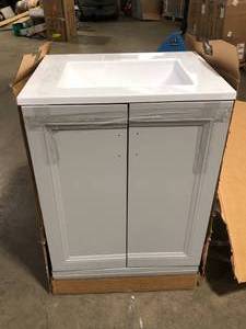 lot 27 image: Glacier Bay  Willowridge 24.5 in. W Bath Vanity in Dove Gray with Cultured Marble Vanity Top in White with White Sink Customer returns Review all pictures