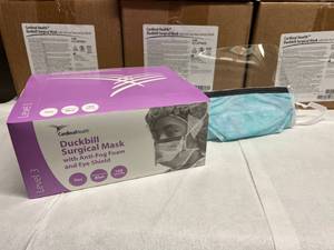 MSRP $1200  12 Cases Cardinal Health Level 3 Duckbill Surgical Mask w Anti-Fog Foam Complete Eye Shield - 4 Layers Of Construction 100Case&nbsp