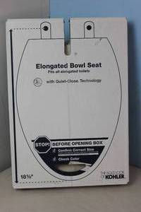 lot 22 image: NEW - KOHLER K-20110-96 Brevia Elongated Toilet Seat with Grip-Tight Bumpers, Quiet-Close Seat, Quick-Attach Hardware, Biscuit