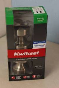 lot 123 image: NEW - Kwikset Pismo Round Satin Nickel HallCloset Door Knob Featuring Microban Antimicrobial Technology