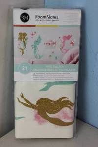 lot 165 image: NEW - RoomMates 5 in. x 11.5 in. Mermaid 21-Piece Peel and Stick Wall Decals with Glitter