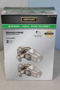 lot 61 image: NEW - Defiant Brandywine Stainless Steel HallCloset Door Knob (2-Pack)
