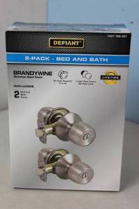 lot 75 image: NEW - Defiant Brandywine Stainless Steel BedBath Door Knob (2-Pack)