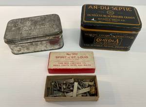 lot 10 image: Three Vintage Items 2 Vintage Advertisment Tins And 1 Spirit Of St. Louis With Nuts And Bolts