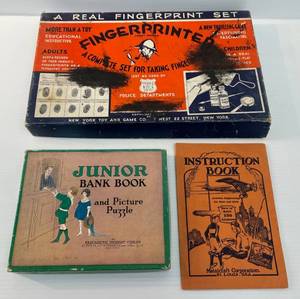 lot 12 image: Three Vintage Items Including Vintage Fingerprinted Fingerprint Set, Metalcraft Corporation Instruction Book And Junior Bank Book (Box Only)