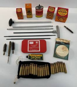lot 15 image: Group Of Vintage Gun Cleaning Items Including Hoppes And Winchester Gun Oil Can And More