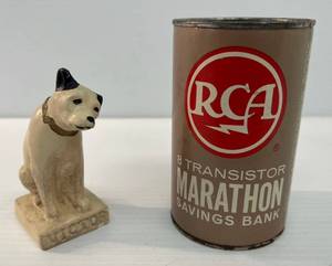 lot 25 image: Vintage RCA Victor Nipper Dog Statue And RCA Savings Bank