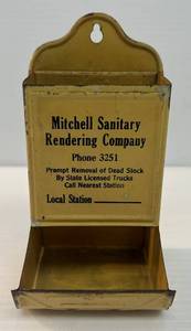 lot 35 image: Vintage Metal Advertisement Piece With Mitchell Sanitary Rendering Company Advertising