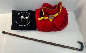 lot 38 image: Vintage Blues Brothers House Of Blues Bowling Shirt, Marboro Fleece Jacket And Vintage Wooden Walking Cane