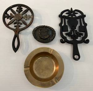 lot 66 image: Group Of Misc. Vintage Items Including Cast Iron, Brass Ashtray And Robitussin Belt Buckle
