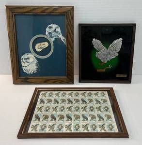 lot 80 image: Three Framed Owl Themed Items Including Stamps