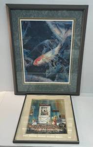 lot 101 image: Two Framed Pictures Behind Glass 16 x 20 Original Watercolor By joyce Stuart 1 Koi Print 30 12 x 24 (Down Under) Joyce Stuart Brus Pencil Signed
