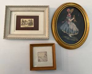 lot 104 image: Group Of Three Misc. Miniatures Framed Behind Glass 1 Pencil Sketch 1 Etching 1 Needle Point