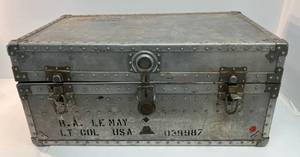 lot 117 image: Vintage Metal Foot Locker With Print 30 x 17 x 14 34