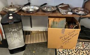 lot 140 image: Two Shelves Full Of Misc. Vintage Items And More Including Portable Heater.