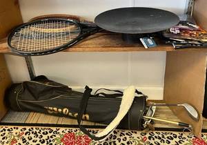 lot 145 image: Two Shelves Full Of Misc. Vintage Items And More Including Tennis Rackets