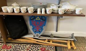 lot 150 image: Two Shelves Full Of Misc. Vintage Items Including Fantina English Flowers Made In Poland Dinnerware And More
