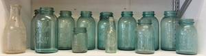lot 161 image: Shelf Full Of Vintage Glass Bottles including Ball Canning Jars