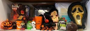 lot 177 image: Shelf Full Of Misc. Vintage Halloween Items And More