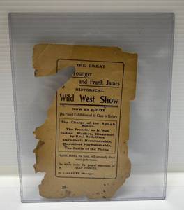 lot 218 image: Very Old The Great Young And Frank James Wild West Show Advertisement Piece In Protective Sleeve