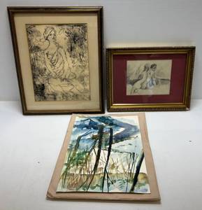 lot 229 image: Three Unknown Artists Artwork 2 Behind Glass And One Unframed Watercolor
