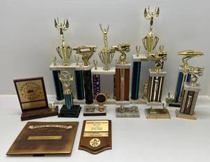 lot 244 image: Large Group Of Misc. Vintage Car Show Trophies And Plaques