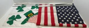 lot 251 image: Two Nylon Flags 1 U.S. 35 x 56 1 30 x 30 Leprechaun & Clovers