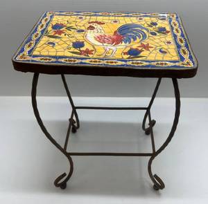 lot 257 image: Mosaic Multicolored Chicken Design Table With Metal Legs 15 12 x 11 12 x 22 T
