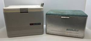 lot 262 image: Two Coolers 1 Vintage Wards Western Field 1 Igloo Kool Mate 36 12 Volt With 110 Adapter