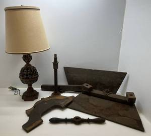 lot 287 image: Primitive Wood Press Needs Repair And Ornate Lamp