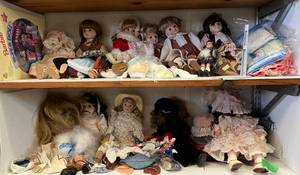 lot 297 image: Two Shelves Full Of Misc. Vintage Dolls And More