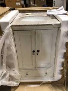 Home Decorators Collection  Newport 25 in. W x 21.5 in. D Bath Vanity in Ivory with Granite Vanity Top in Champagne with White Sink Customer returns Review all pictures