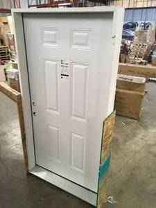 lot 25 image: Steves & Sons  42 in. x 80 in. Premium 6 Panel Primed White Steel Prehung Front Door Customer returns Review all pictures