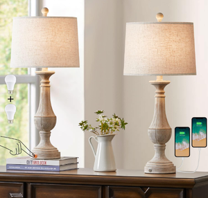 lot 35 image: PoKat Farmhouse 3 Way Dimmable Touch Table Lamp Sets of 2 Rustic Classic Bedside Nightstand Lamps for Living Room Bedroom with 2 USB Ports Washed White (2 Bulbs Included)