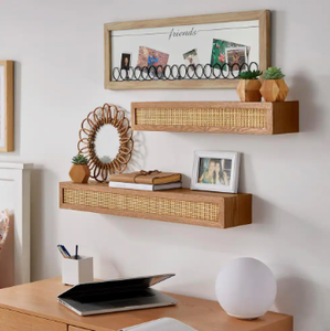 StyleWell  Natural Wood Floating Wall Shelves with Rattan Caning Detail (Set of 2)