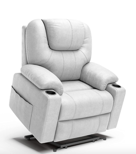 lot 642 image: Furgle - Power Lift Recliner Chair with Massage - Fiber Fabric Cloth Lift Chair - Recliner for Elderly - 2 Side Pockets and Cup Holders in White (OPEN BOX)