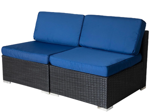lot 643 image: DREAMO 2 Pieces Outdoor Armless Couch Set with Thick Blue Cushions Weather Resistant Wicker Sofa (OPEN BOX)