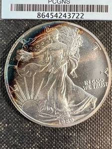 1989 AMERICAN SILVER EAGLE NICELY TONED (PREVIOUS MS70 SLAB with insert)