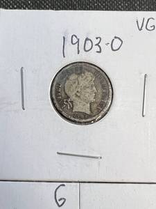 5 BARBER DIMES 1903O 1905S 1907D 1911 1916