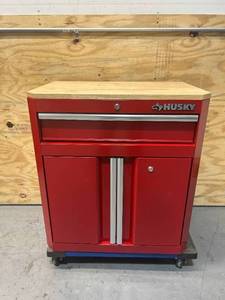 lot 7 image: HUSKY 24-Gauge Steel 1-Drawer 2-Door Garage Base Cabinet in Red (28 in. W x 33 in. H x 18 in. D)