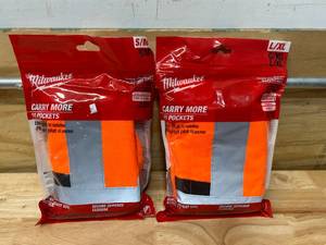 lot 104 image: MILWAUKEE Lot of 2- Orange Class 2 High Visibility Safety Vests with 10 Pockets- Size SM and LXL