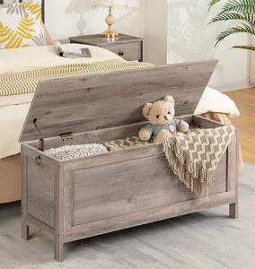 HOOBRO Greige Wooden Look Storage Chest, Bench, Toy Box with Safety Hinges
