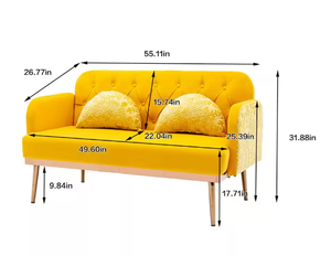 Yellow Velvet Square Arm Straight Loveseat Sofa with Tufted Backrest and Metal Feet